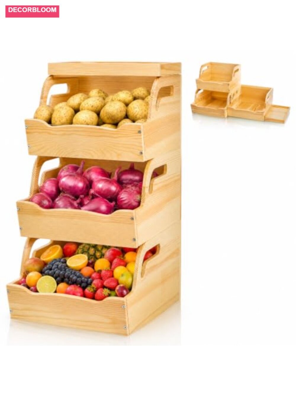 Wood Potato Onion Storage Bin 3 Tier Stackable Open Front Kitchen Organizer